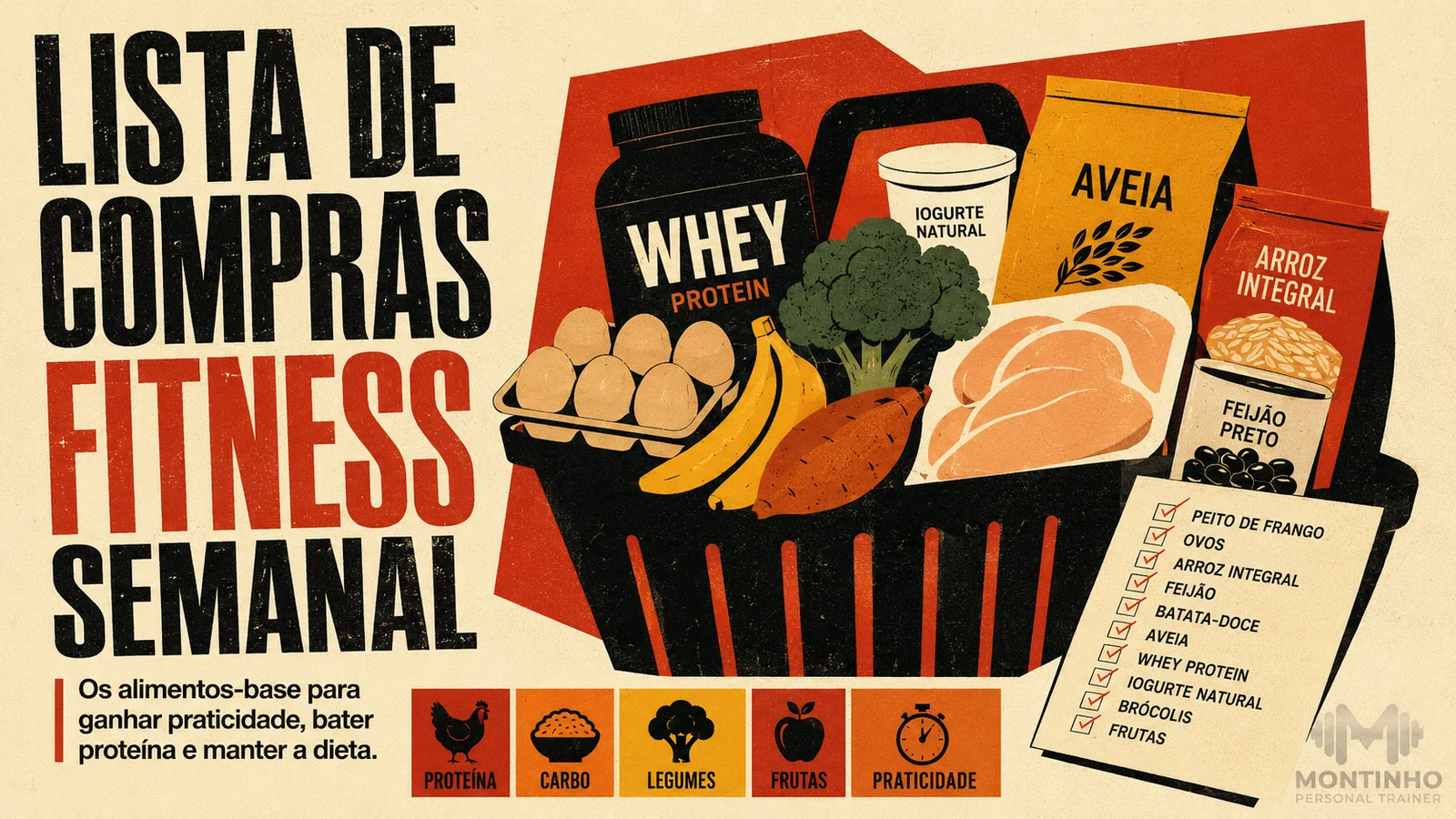 Arte de capa ilustrada com lista de compras semanal de alimentos para quem treina