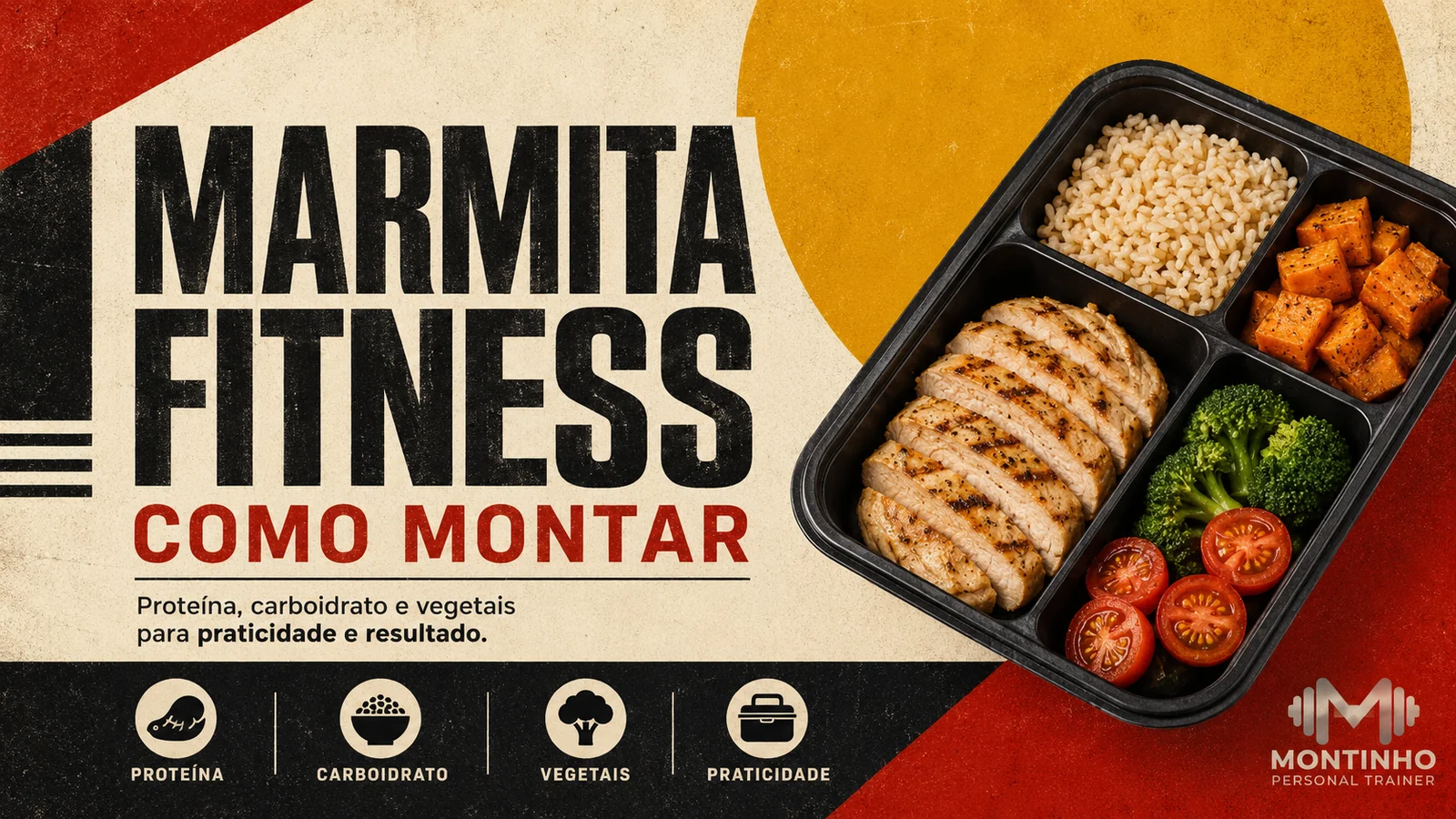 Arte de capa ilustrada: marmita montada com frango grelhado, arroz integral e vegetais, destacando proteína, carboidrato e vegetais