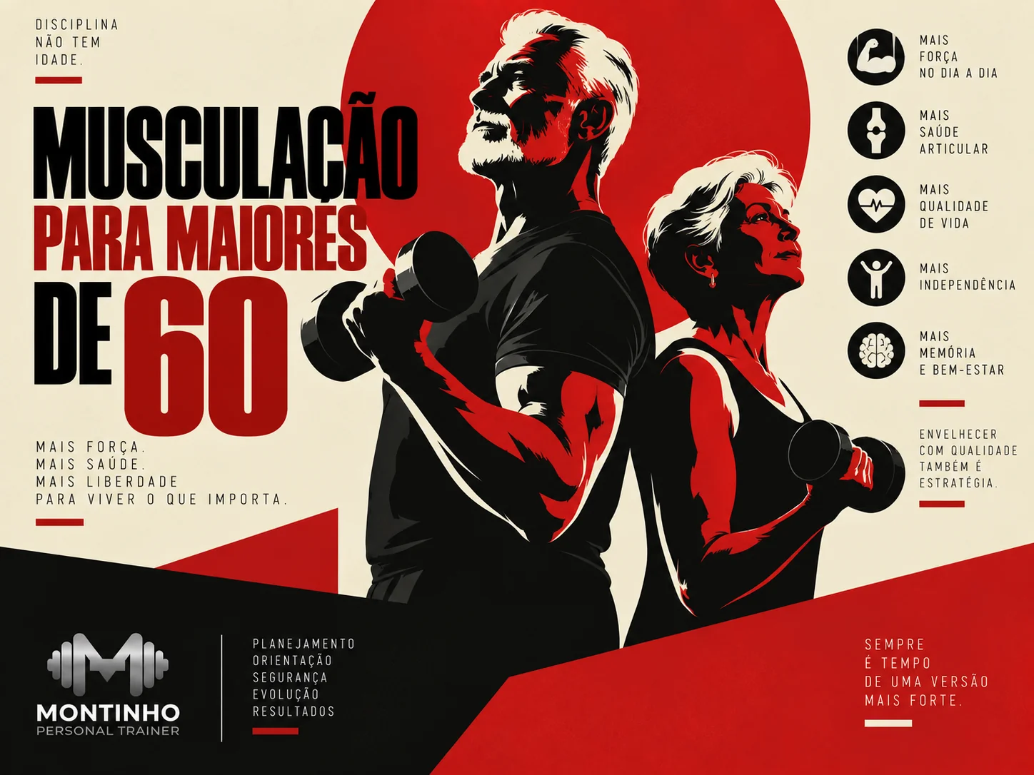 Arte de capa ilustrada sobre musculação para pessoas com mais de 60 anos, com foco em força e autonomia