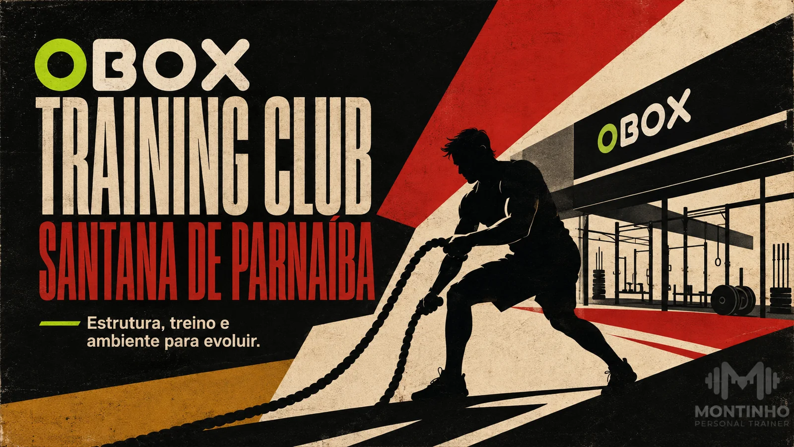 Arte de capa ilustrada do OBOX Training Club em Santana de Parnaíba, com atleta treinando com corda naval
