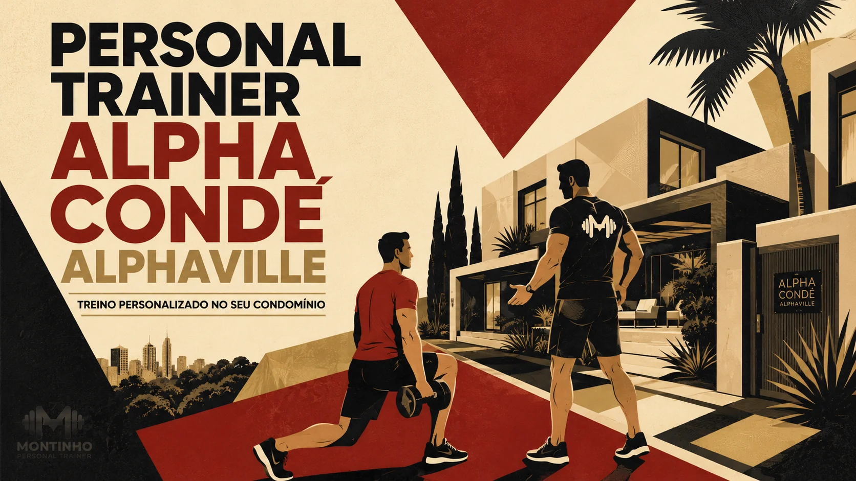 Arte de capa ilustrada: personal trainer orientando treino com halteres na área externa do condomínio Alpha Condé, em Alphaville