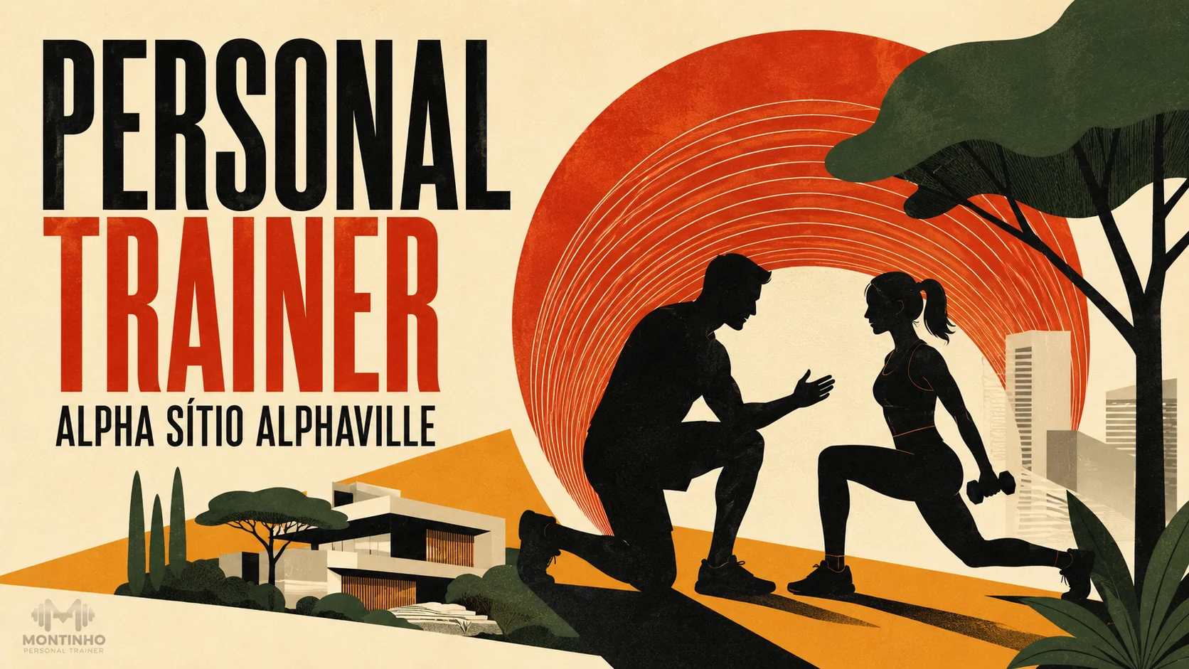 Arte de capa ilustrada: personal trainer orientando exercício de afundo em área verde do Alpha Sítio, em Alphaville
