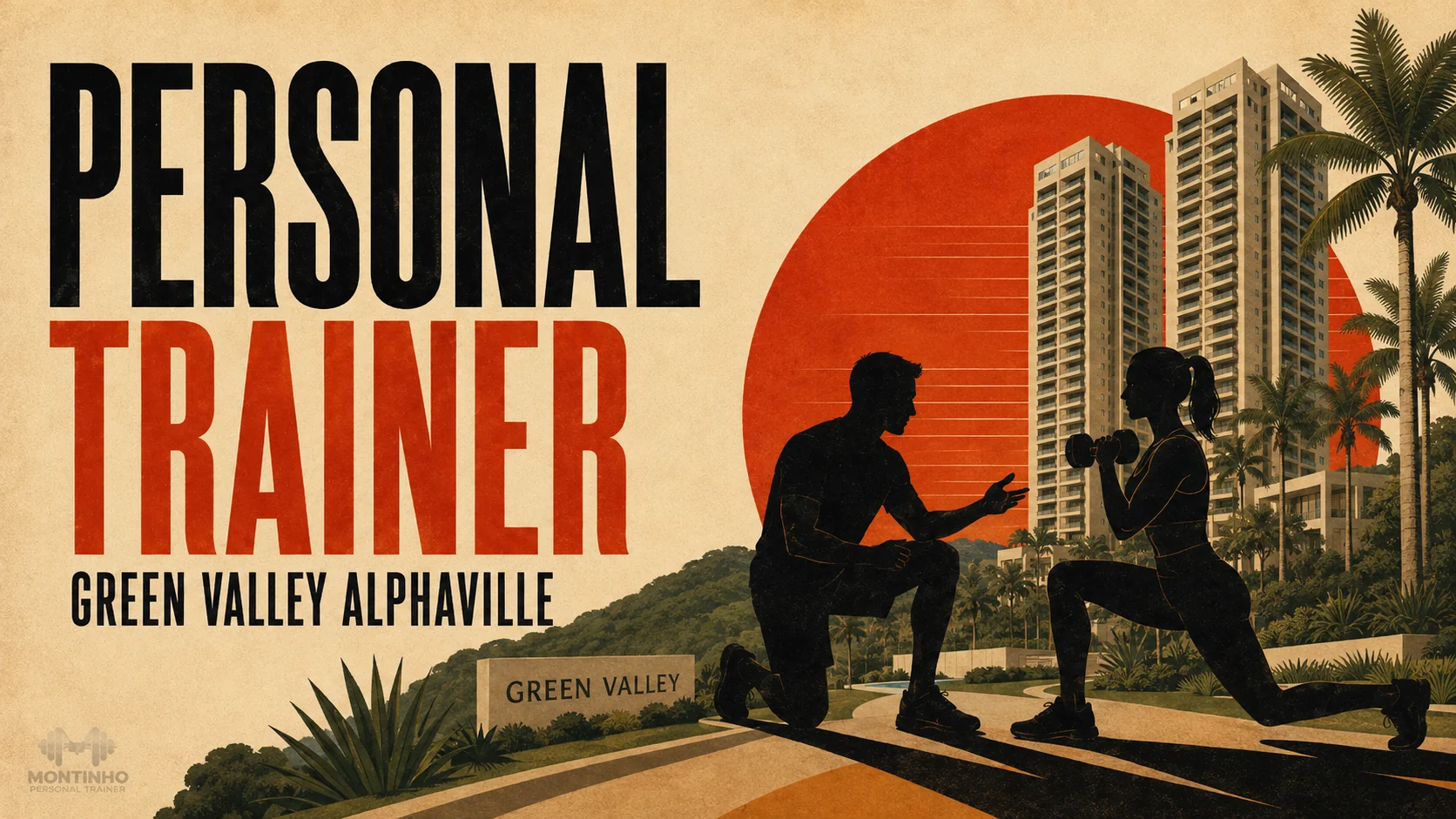 Arte de capa ilustrada: personal trainer conduzindo treino com halteres em frente aos prédios do Green Valley, em Alphaville