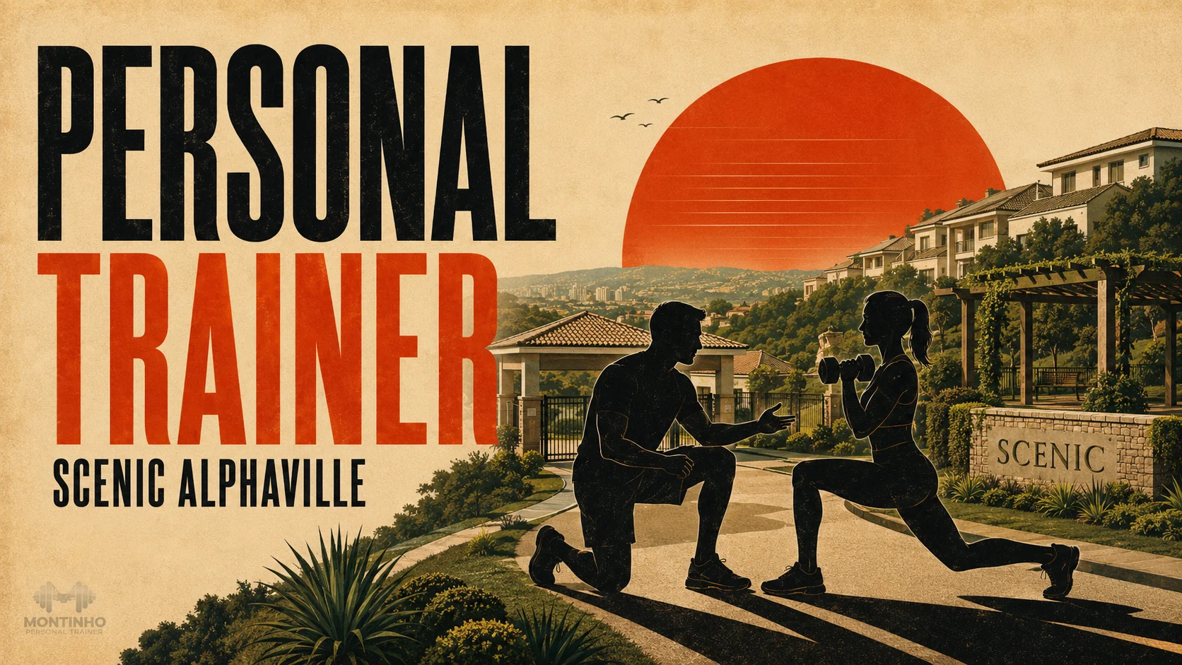 Arte de capa ilustrada: personal trainer orientando treino com halteres na área externa do condomínio Scenic, em Alphaville