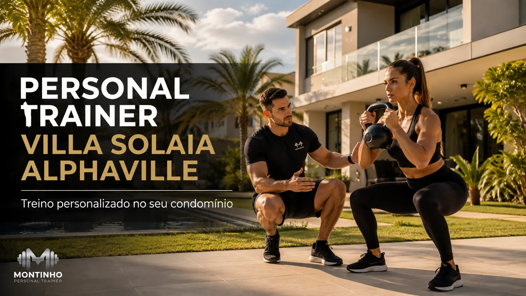 Arte de capa ilustrada: personal trainer conduzindo treino de casal em frente às casas do Villa Solaia, em Alphaville