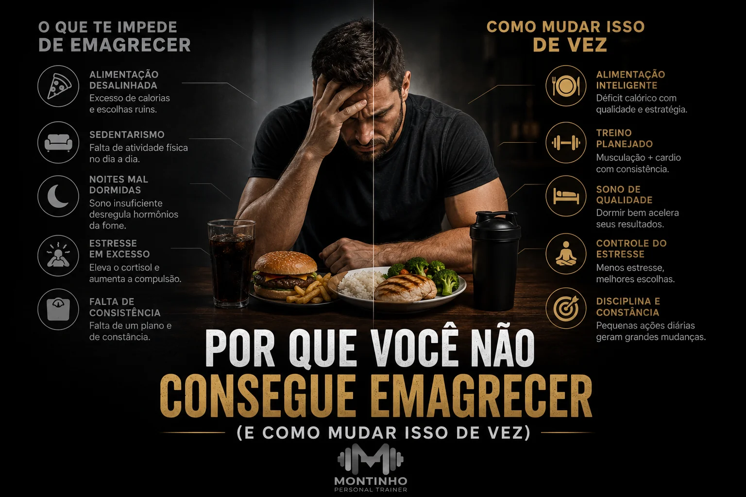 Por que você não consegue emagrecer: alimentação desalinhada, sedentarismo, noites mal dormidas, estresse em excesso e falta de consistência — e como mudar com déficit calórico, treino planejado, sono e disciplina