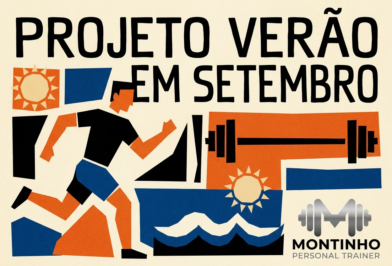 Ilustração de capa: corredor, halteres, sol e piscina em estilo retrô — Projeto Verão em Setembro, Montinho Personal Trainer
