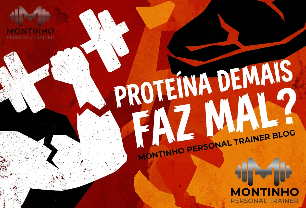 Ilustração de capa: halter, silhueta de rim e músculo em vermelho — Proteína Demais Faz Mal?, Montinho Personal Trainer