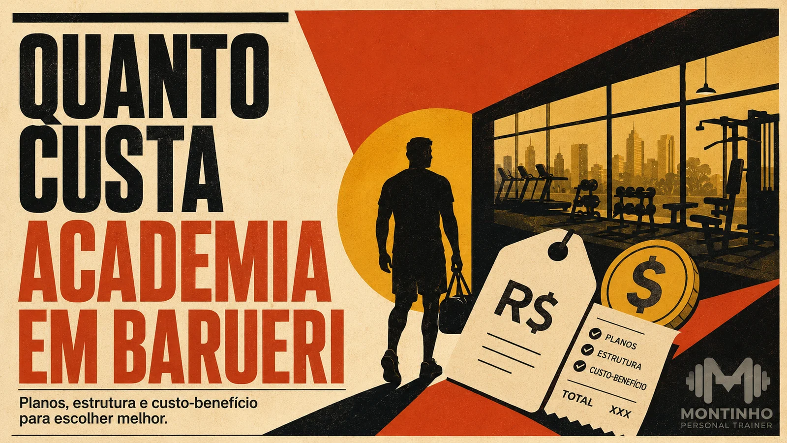 Arte de capa ilustrada sobre o custo das academias em Barueri e as faixas de preço praticadas