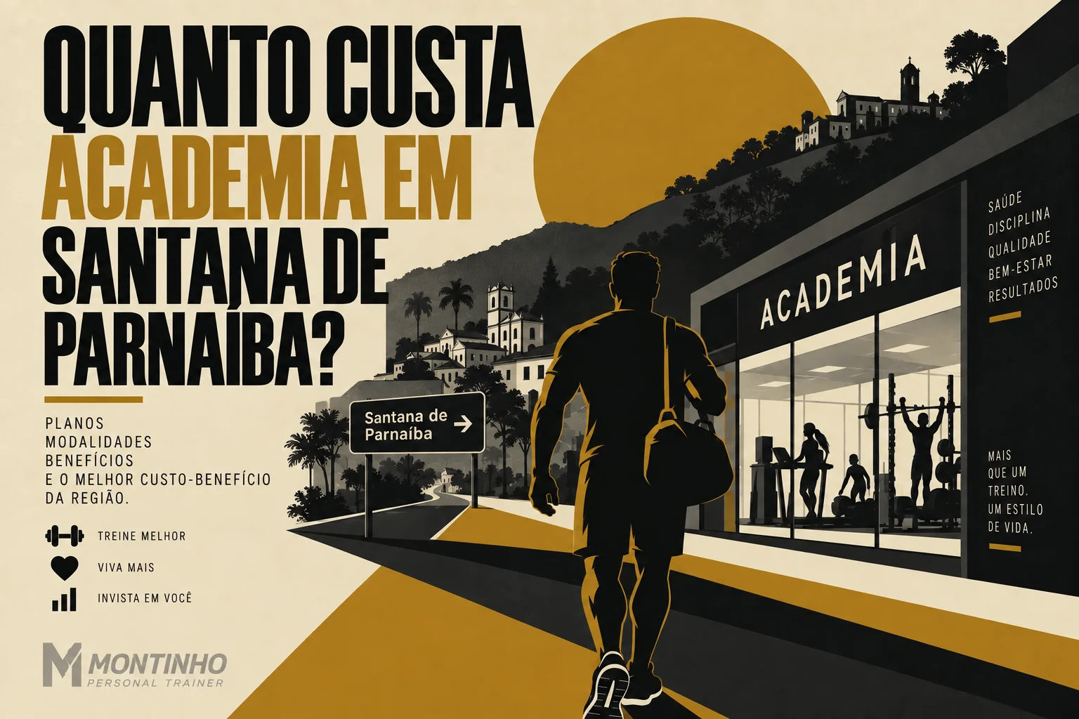 Arte de capa ilustrada sobre o custo das academias em Santana de Parnaíba