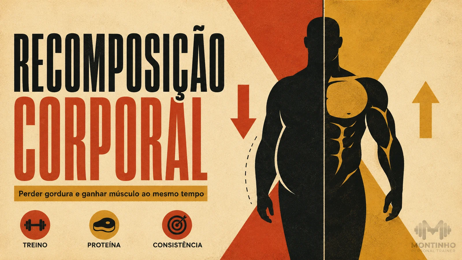 Arte de capa ilustrada mostrando perda de gordura e ganho de músculo ao mesmo tempo, com destaque para treino, proteína e consistência