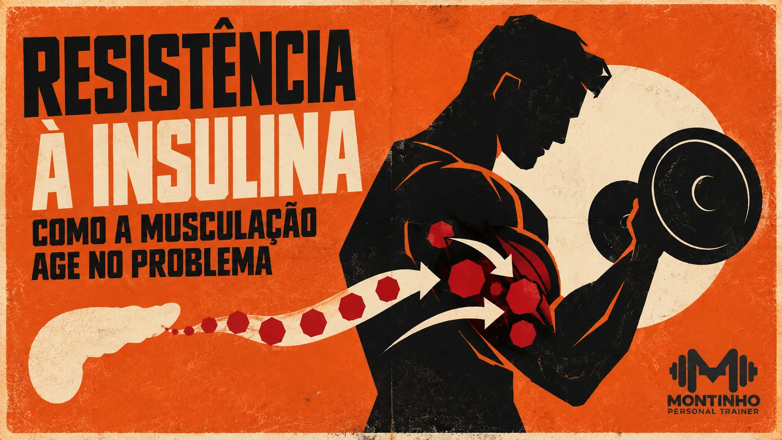 Ilustração de uma pessoa fazendo rosca com halter enquanto o pâncreas envia glicose para o músculo em atividade