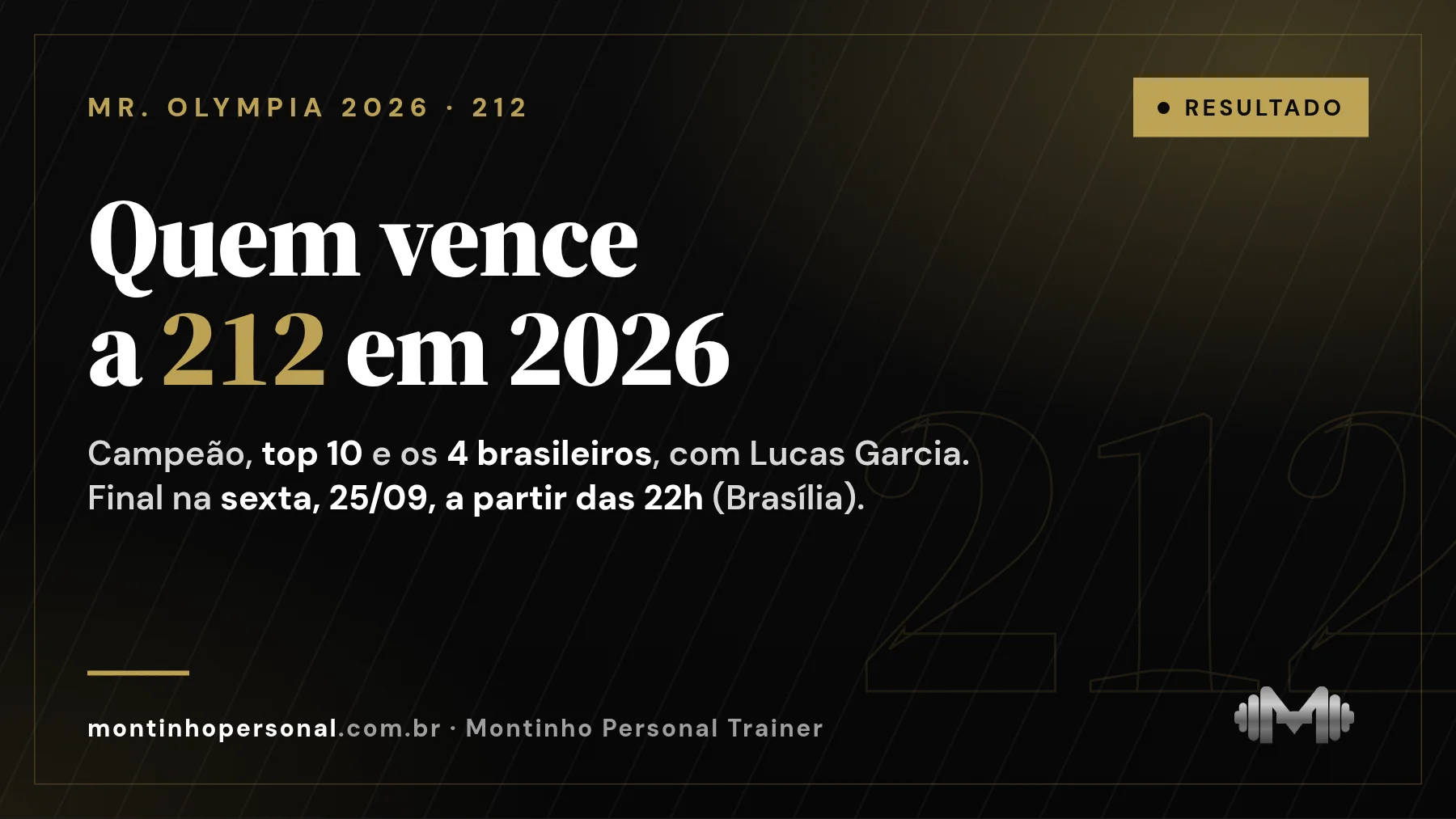 Capa: resultado da 212 do Mr. Olympia 2026 — Keone Pearson defende o título e Lucas Garcia lidera os quatro brasileiros; final na sexta às 22h de Brasília