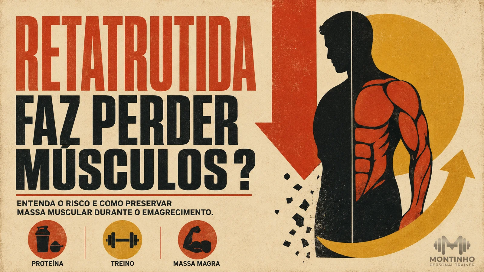 Arte de capa ilustrada sobre retatrutida e perda de massa magra, destacando proteína, treino e preservação de massa muscular