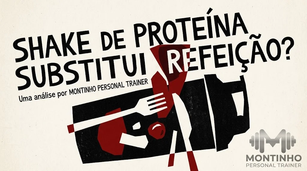 Ilustração de capa: shake de proteína, garfo e faca em estilo retrô — Shake de Proteína Substitui Refeição?, Montinho Personal Trainer