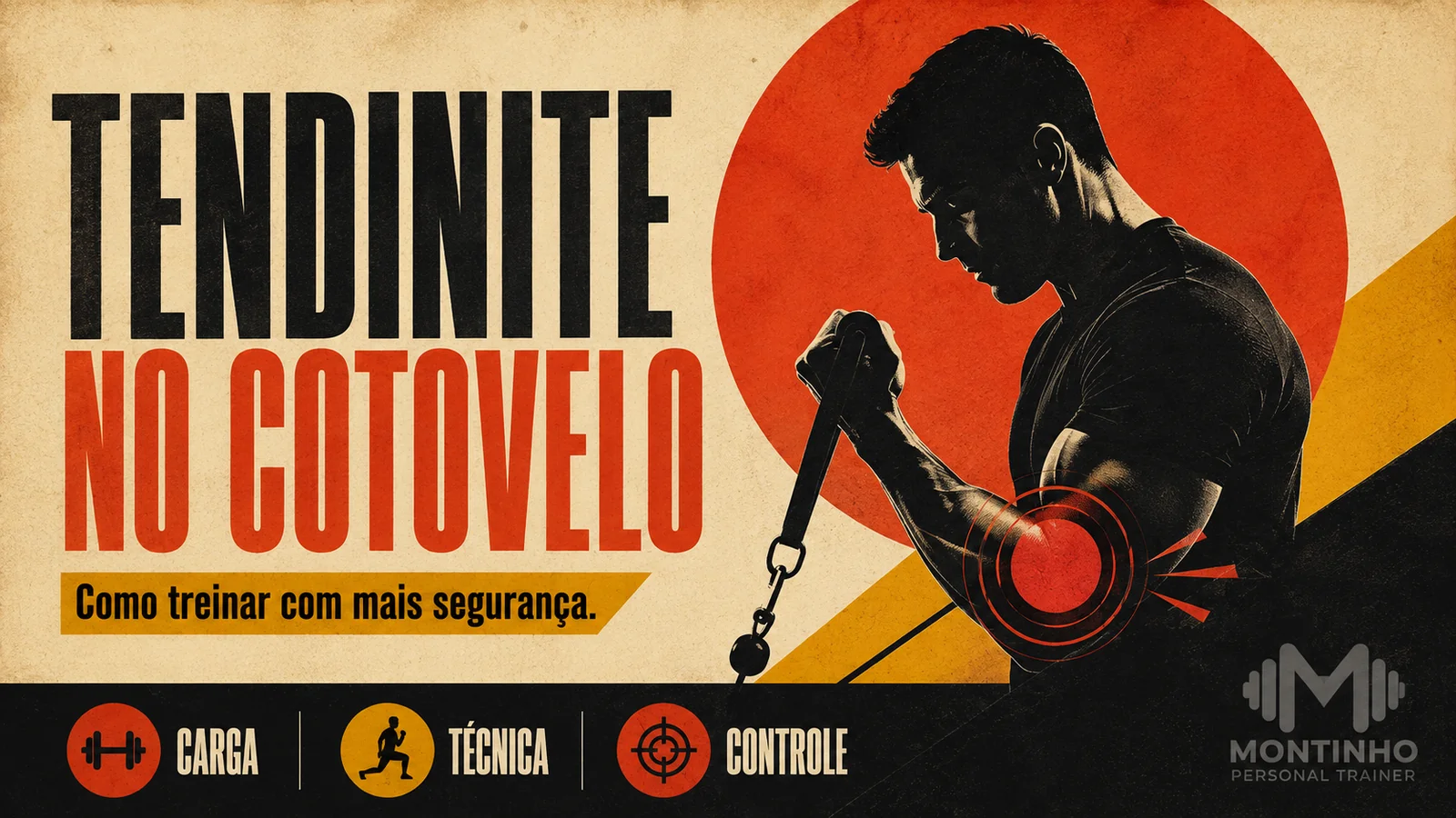 Arte de capa ilustrada sobre tendinite no cotovelo e como seguir treinando com carga, técnica e controle