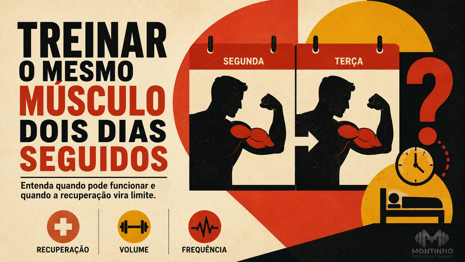 Arte de capa ilustrada sobre treinar o mesmo grupo muscular em dias seguidos e a recuperação necessária