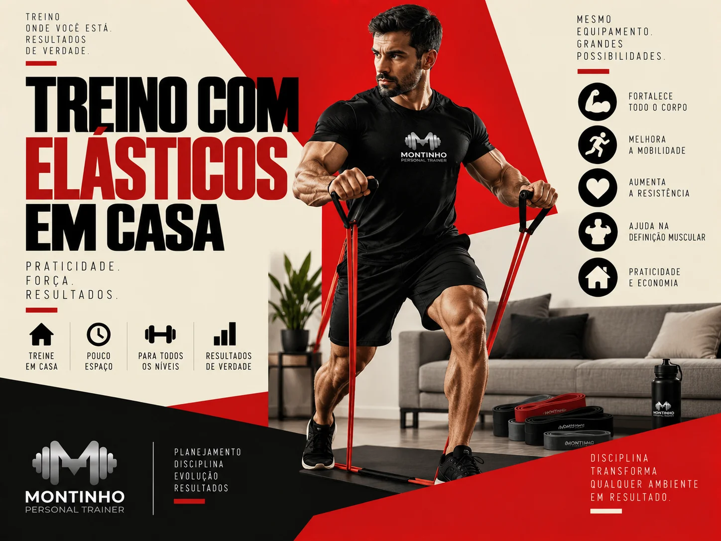 Arte de capa ilustrada sobre treino com elásticos de resistência em casa