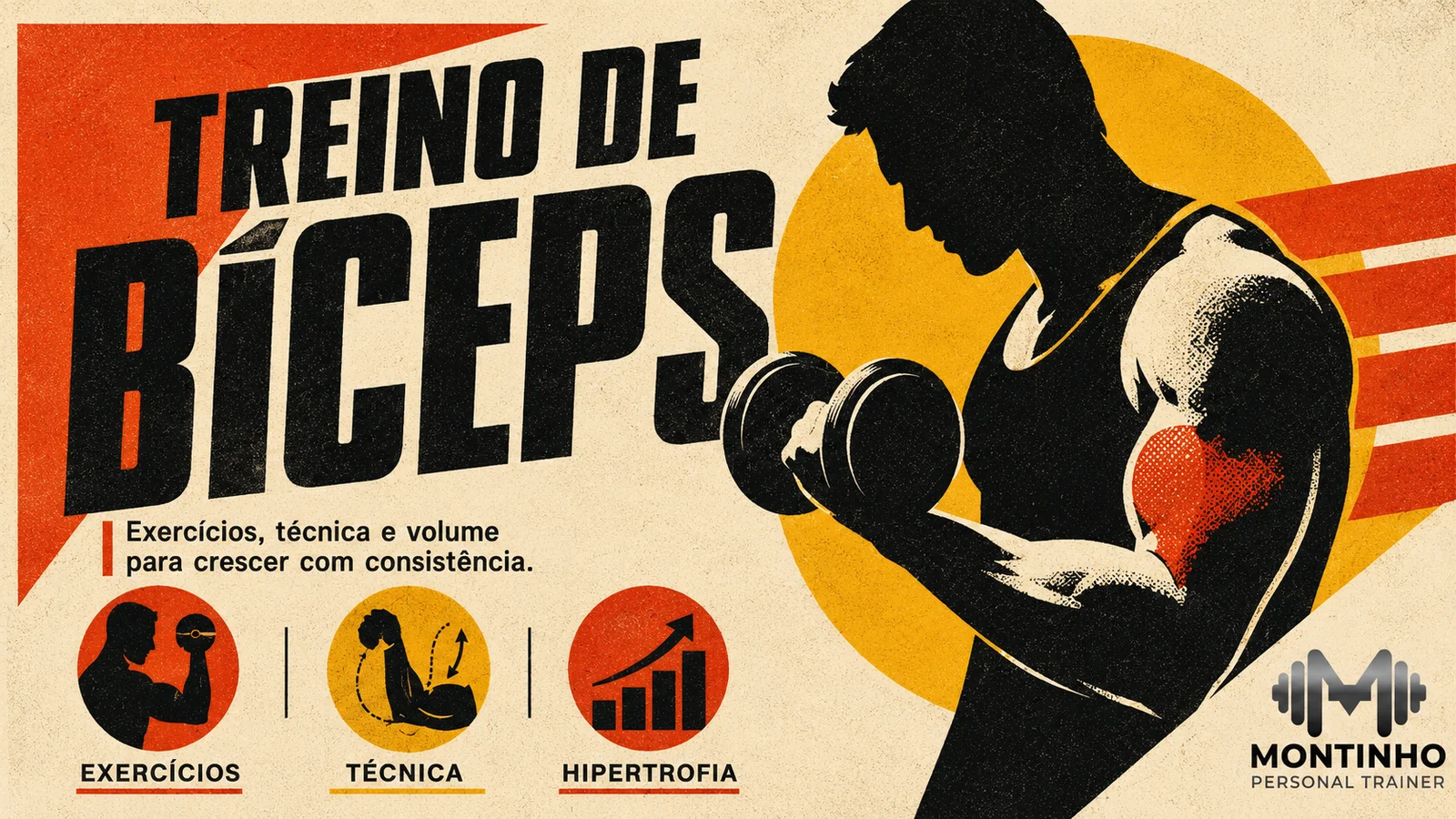 Arte de capa ilustrada de treino de bíceps, com roscas e variações de pegada