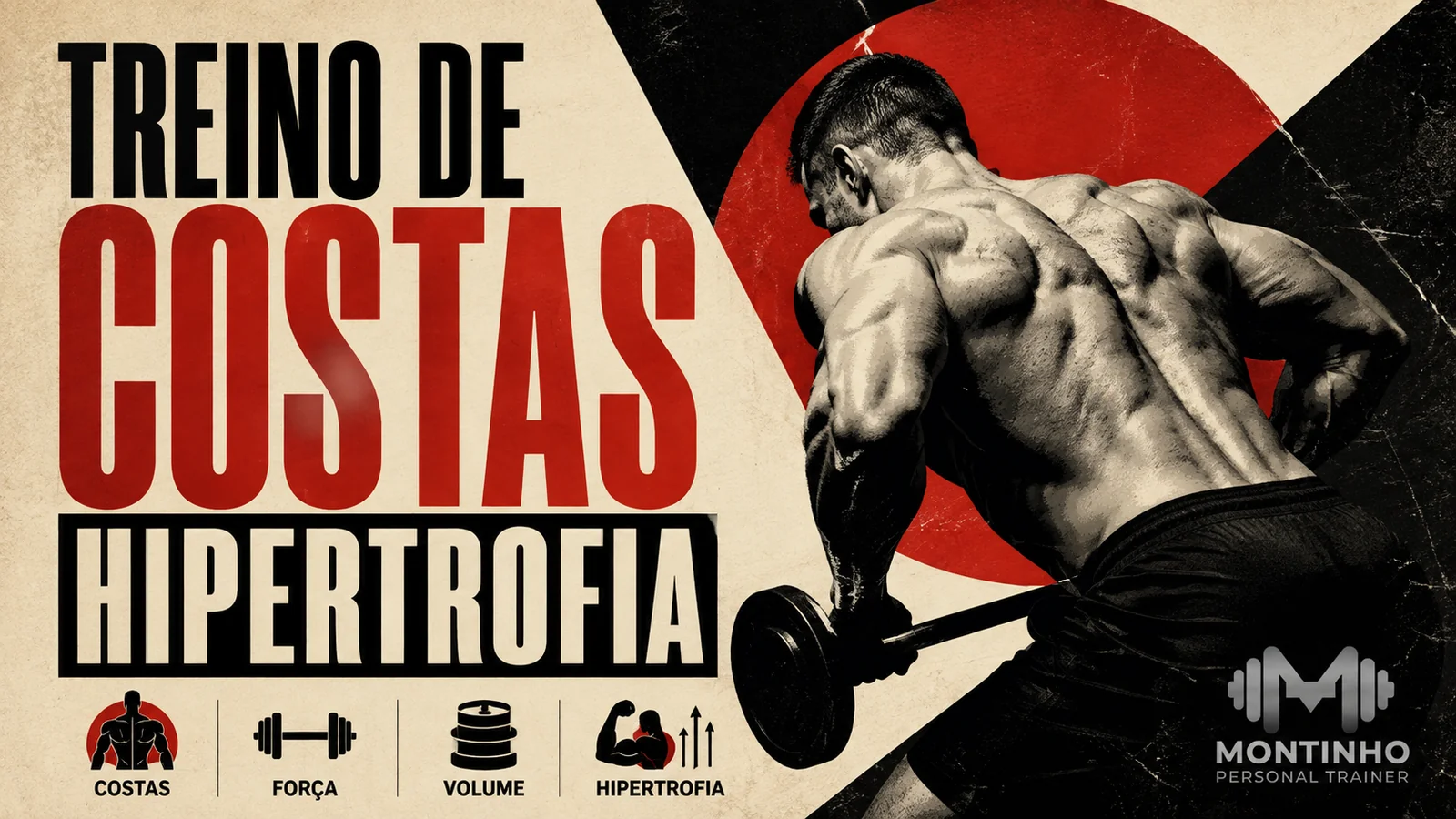 Arte de capa ilustrada de treino de costas para hipertrofia, com puxadas e remadas