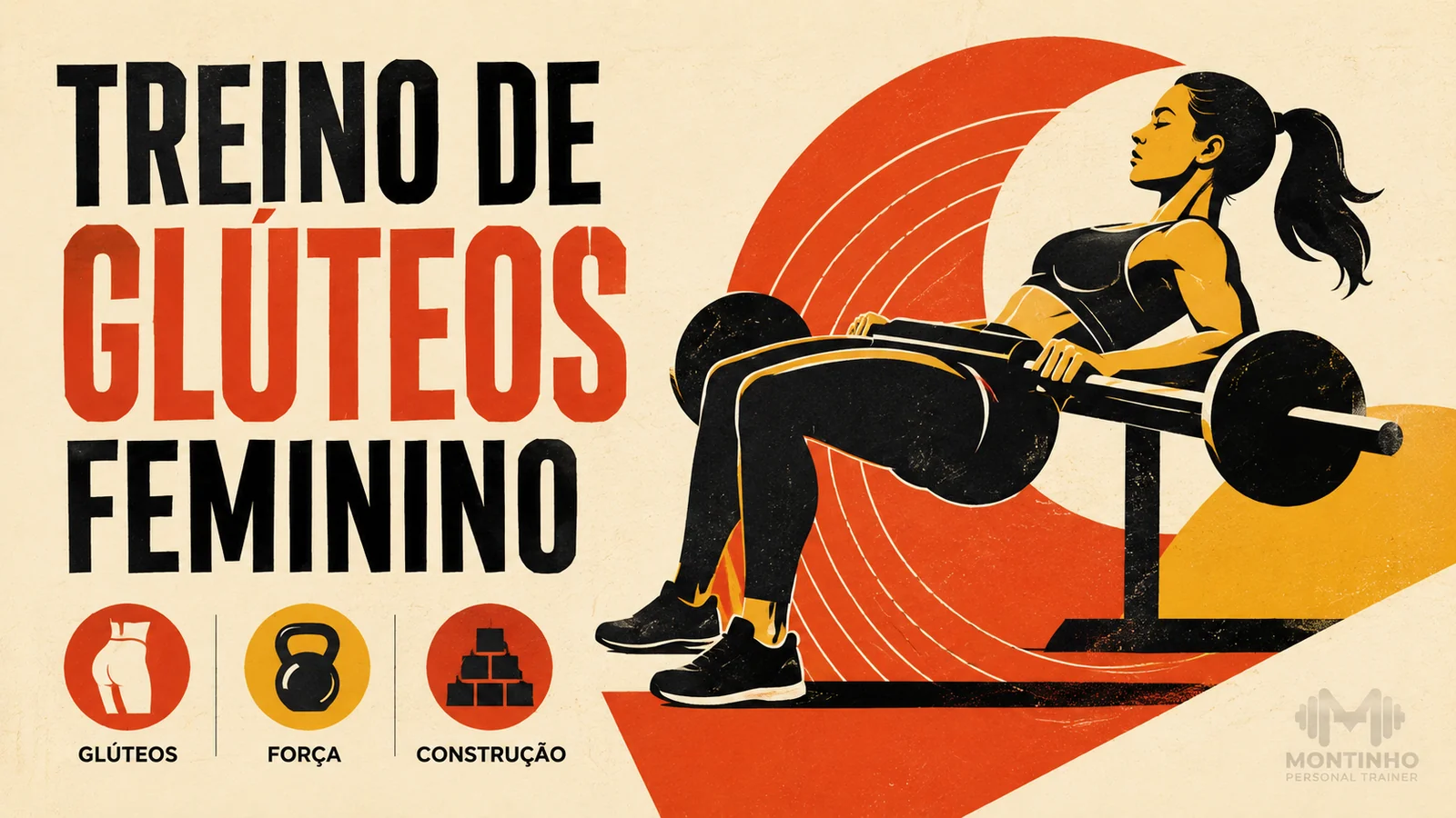 Arte de capa ilustrada: mulher executando elevação de quadril com barra, com destaque para glúteos, força e construção
