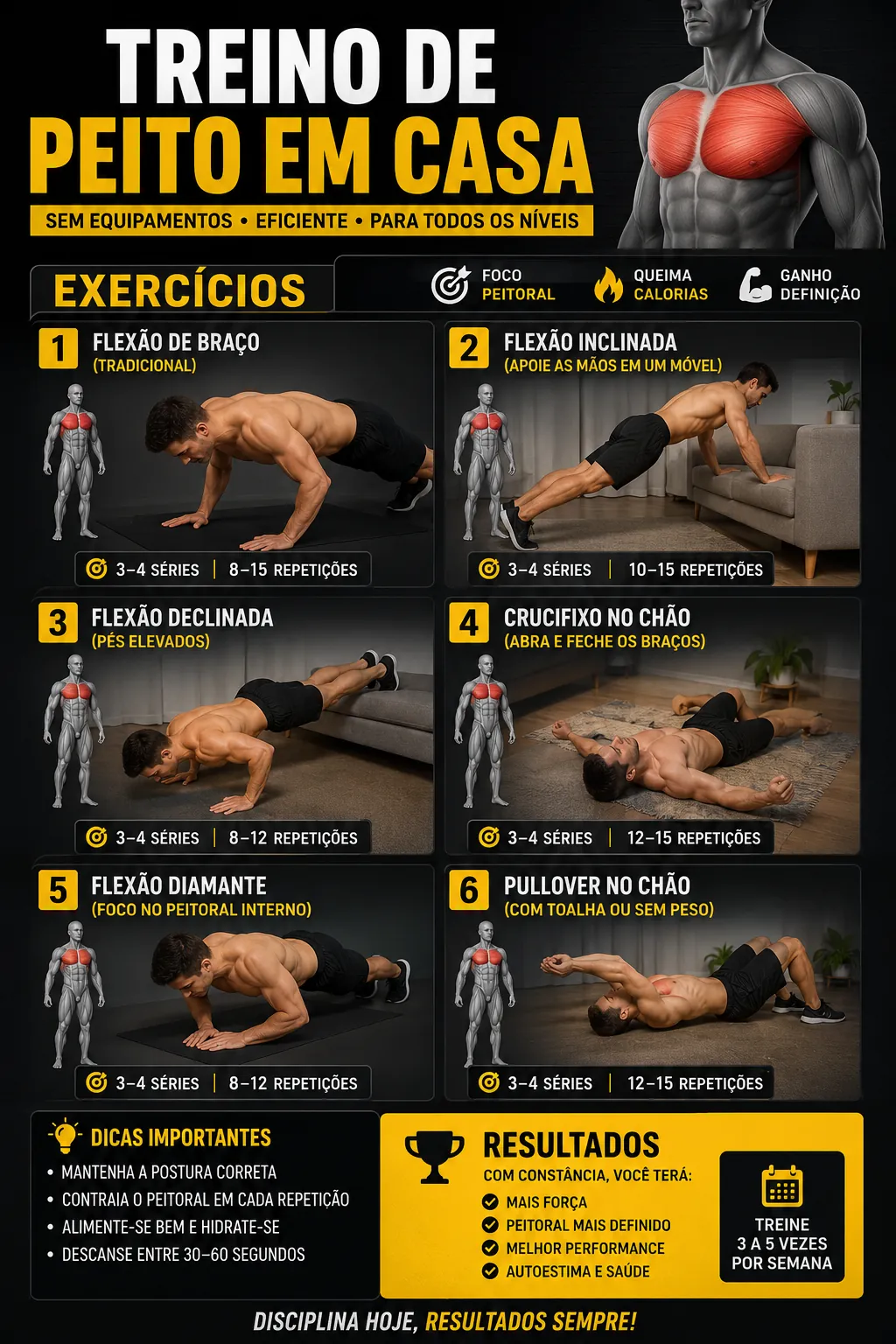 Treino de peito em casa: exercícios sem equipamento e progressão para peitoral