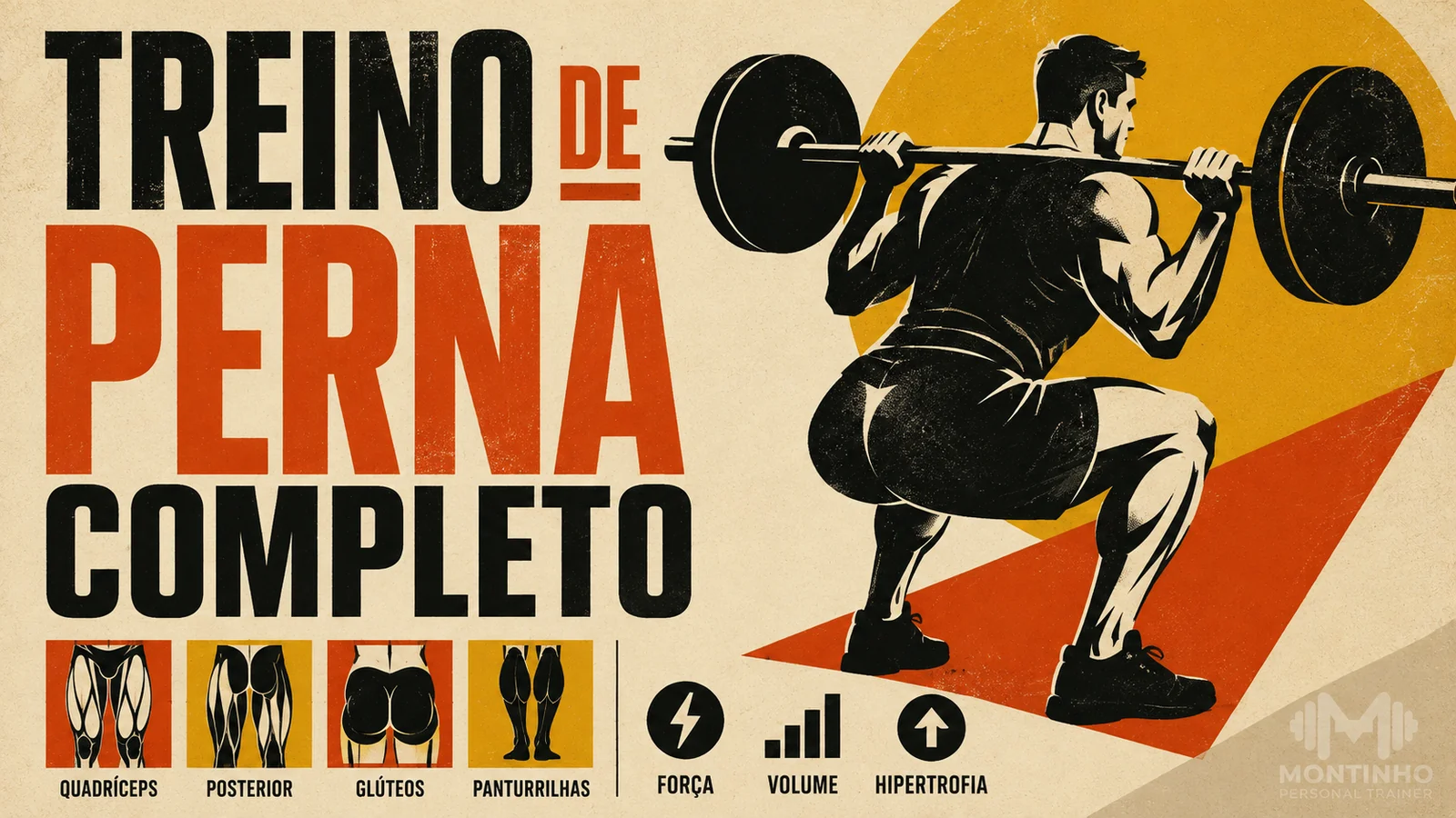 Arte de capa ilustrada de treino de perna completo, cobrindo quadríceps, posteriores e panturrilhas