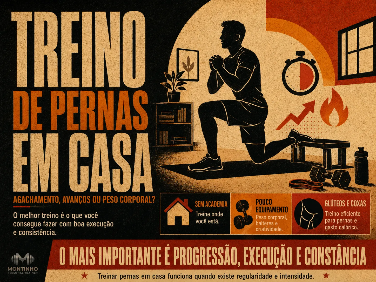 Treino de pernas em casa sem equipamentos: agachamentos, afundos, progressões unilaterais e tempo sob tensão