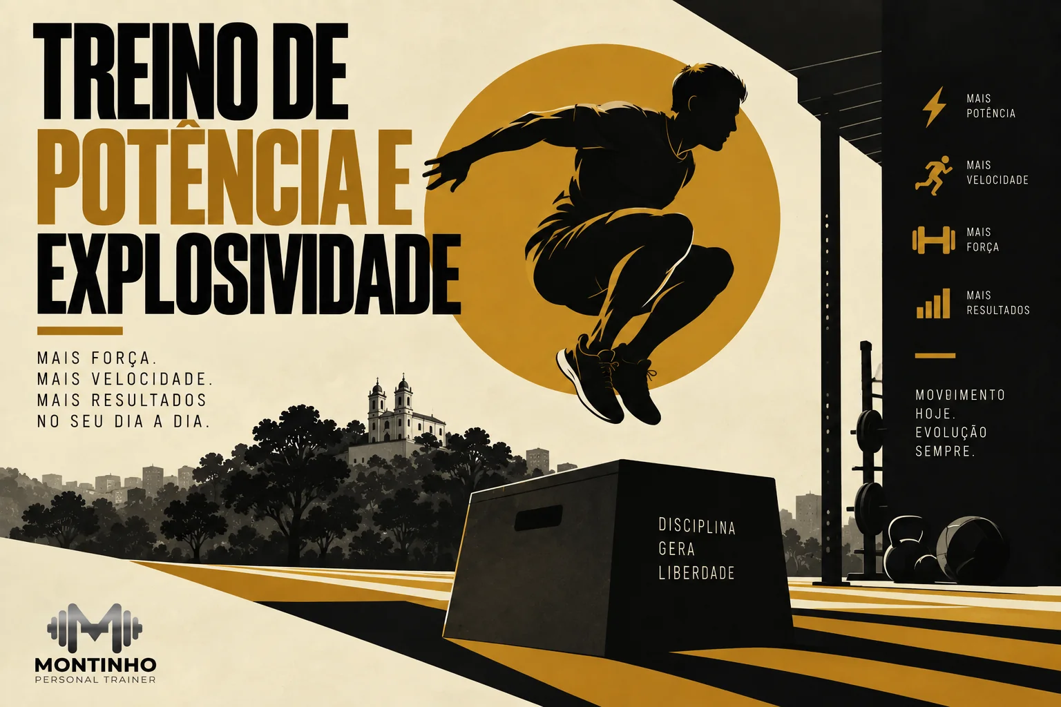 Arte de capa ilustrada de treino de potência e explosividade, com movimentos rápidos e saltos