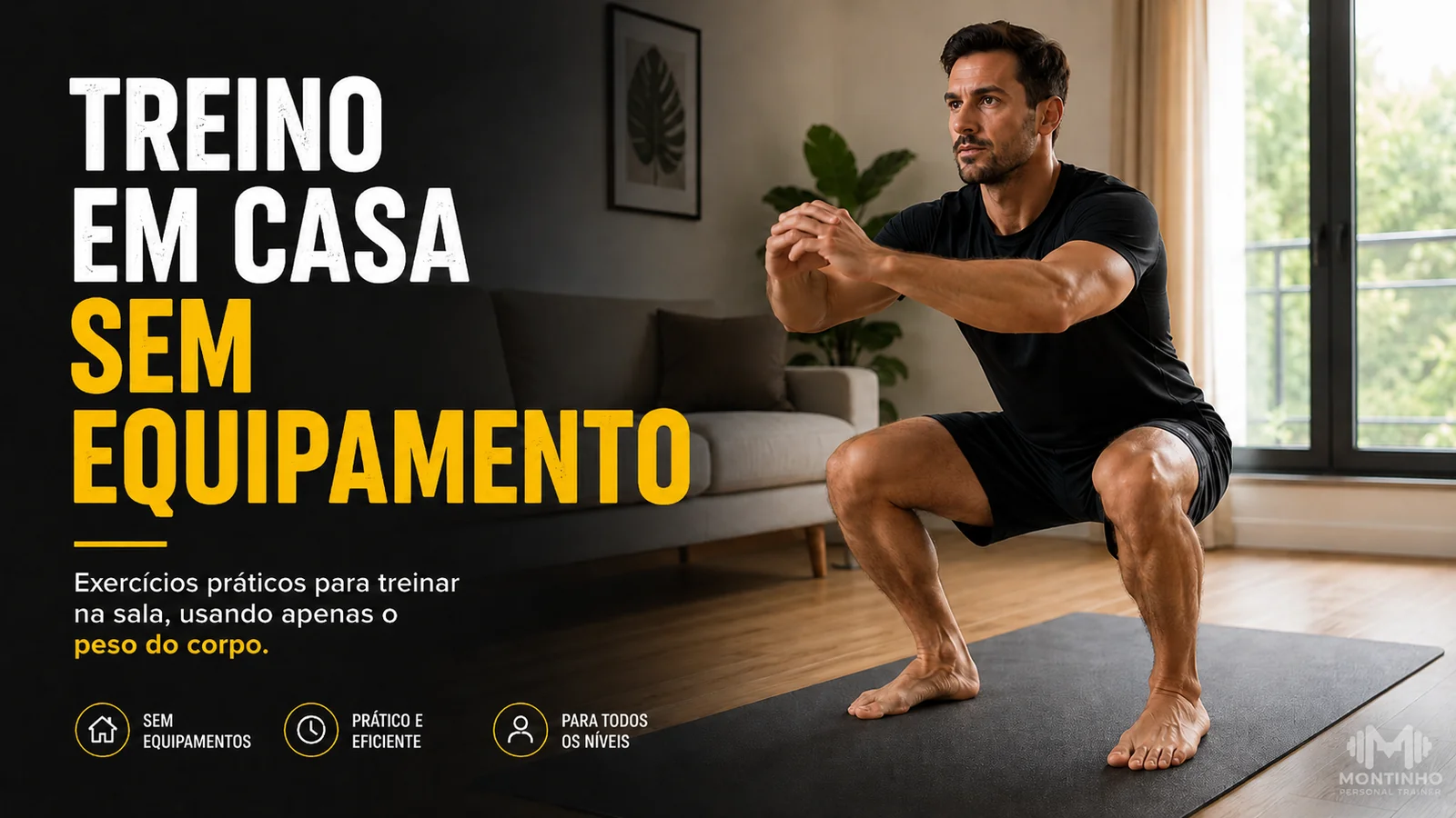Arte de capa ilustrada de treino em casa sem equipamento, usando o peso do corpo