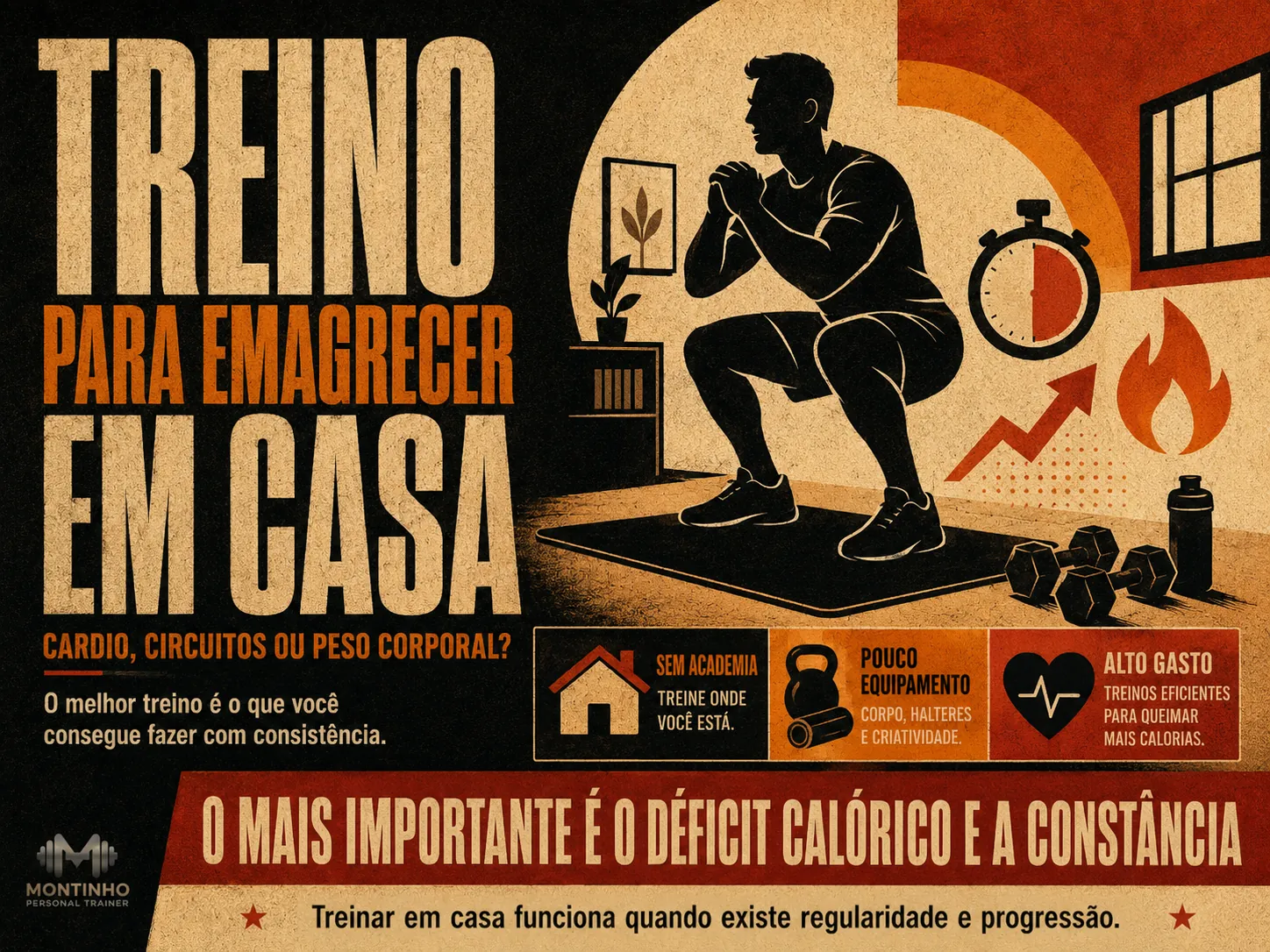 Treino para emagrecer em casa: rotina completa sem equipamentos, com progressão e o déficit calórico como base do resultado