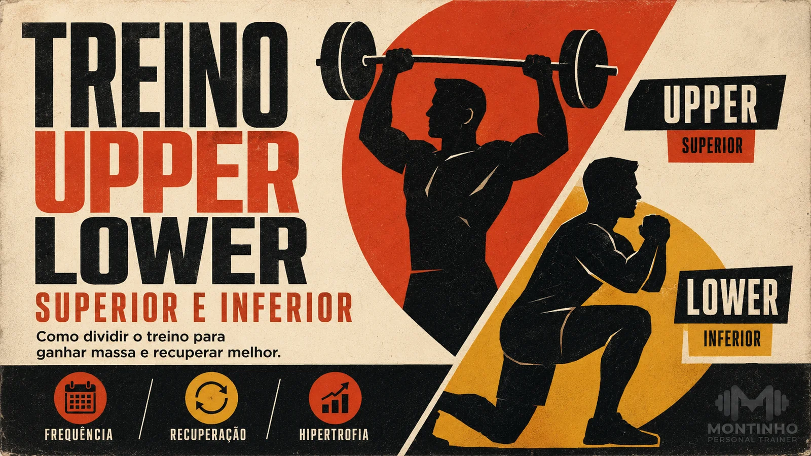 Arte de capa ilustrada comparando os dias upper (superior) e lower (inferior) da divisão de treino, com frequência, recuperação e hipertrofia
