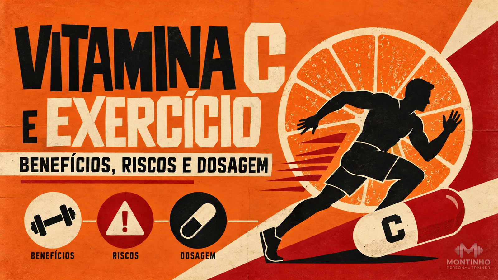 Ilustração de uma pessoa correndo à frente de uma laranja cortada e de uma cápsula, com três ícones representando benefícios, riscos e dosagem