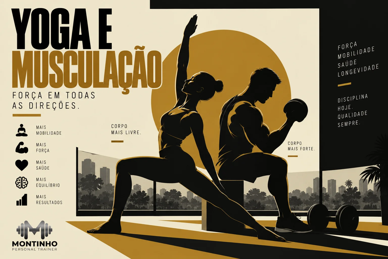 Arte de capa ilustrada combinando yoga e musculação, com mobilidade e força no mesmo programa